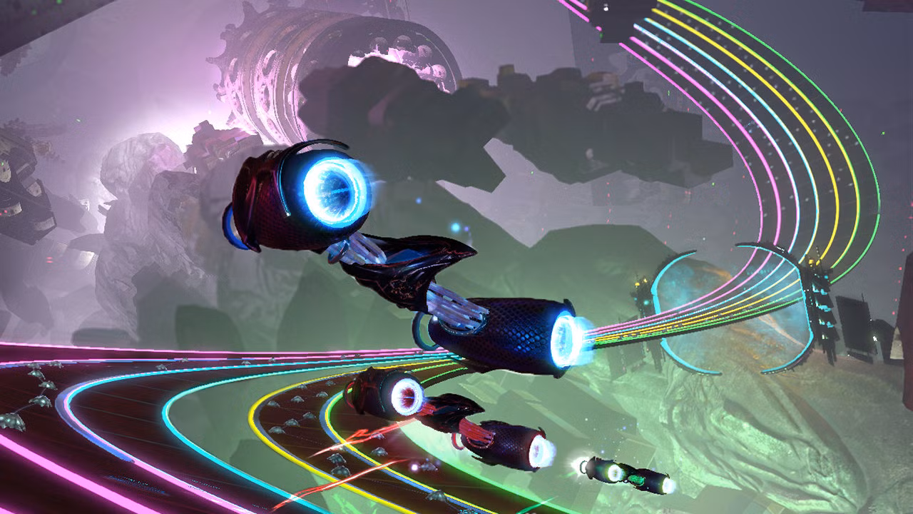 Psychedelic glowing ships racing through neon lanes in orange, green, and purple