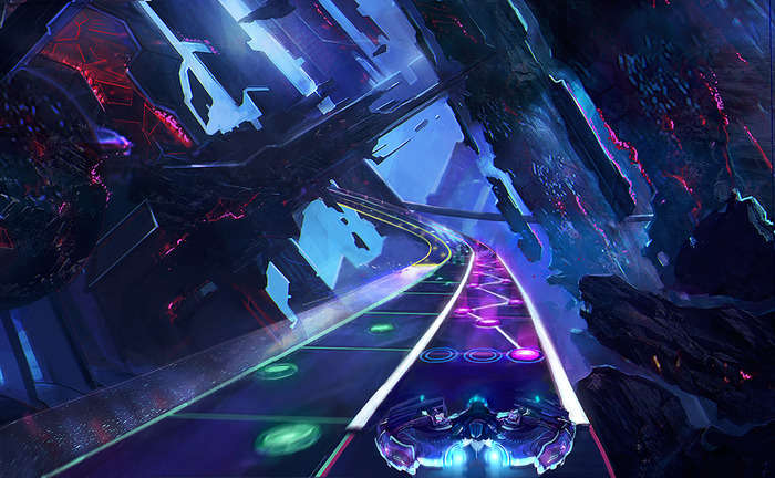 First-person perspective of ship navigating through neon lanes