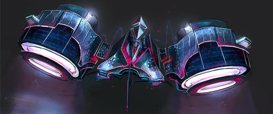 Two futuristic nanotech drones with magenta and blue neon glowing accents