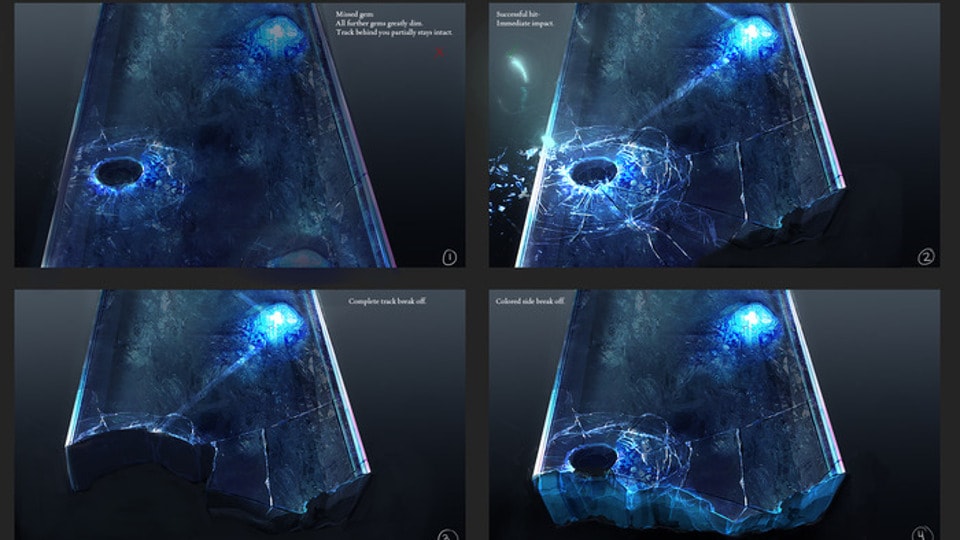Four-panel grid showing different states of crystalline glowing blue structure