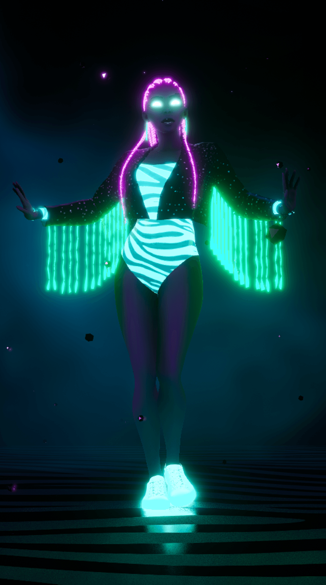 Full body shot in neon striped outfit