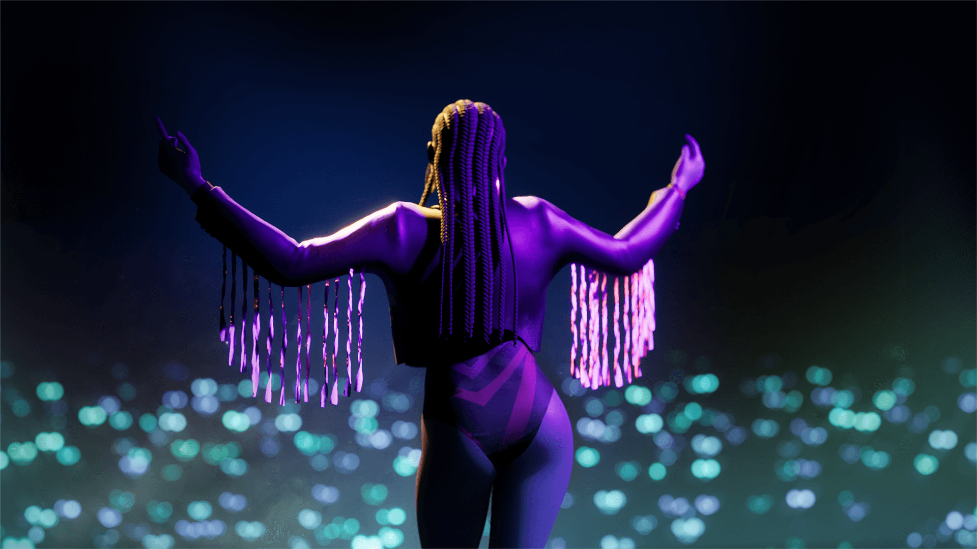 Latasha from behind with arms spread