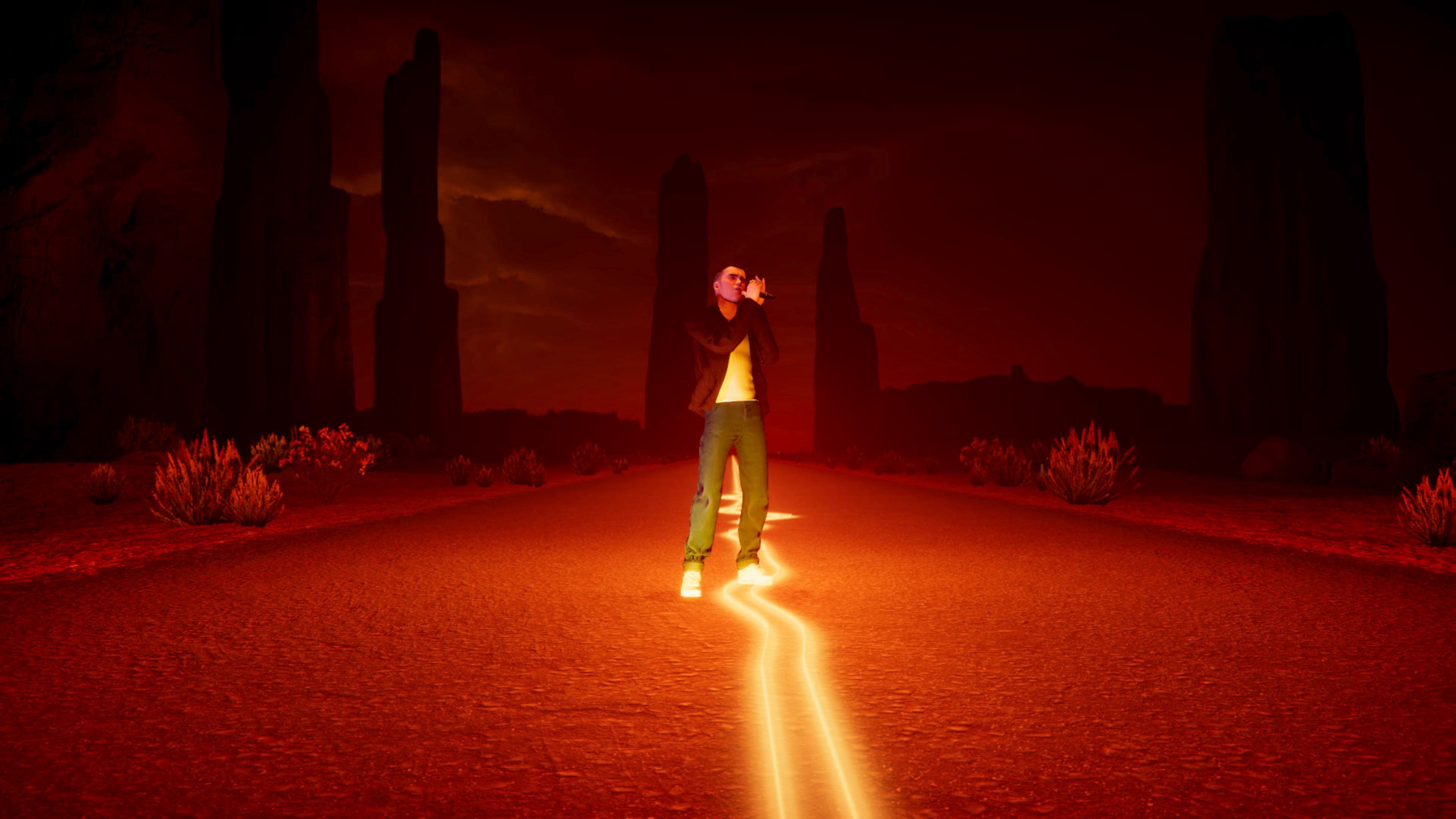 Justin Bieber in dramatic red desert landscape
